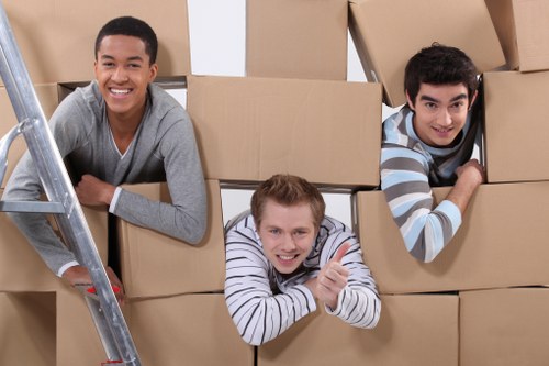 Professional movers carrying boxes during a same day removal in Hampstead